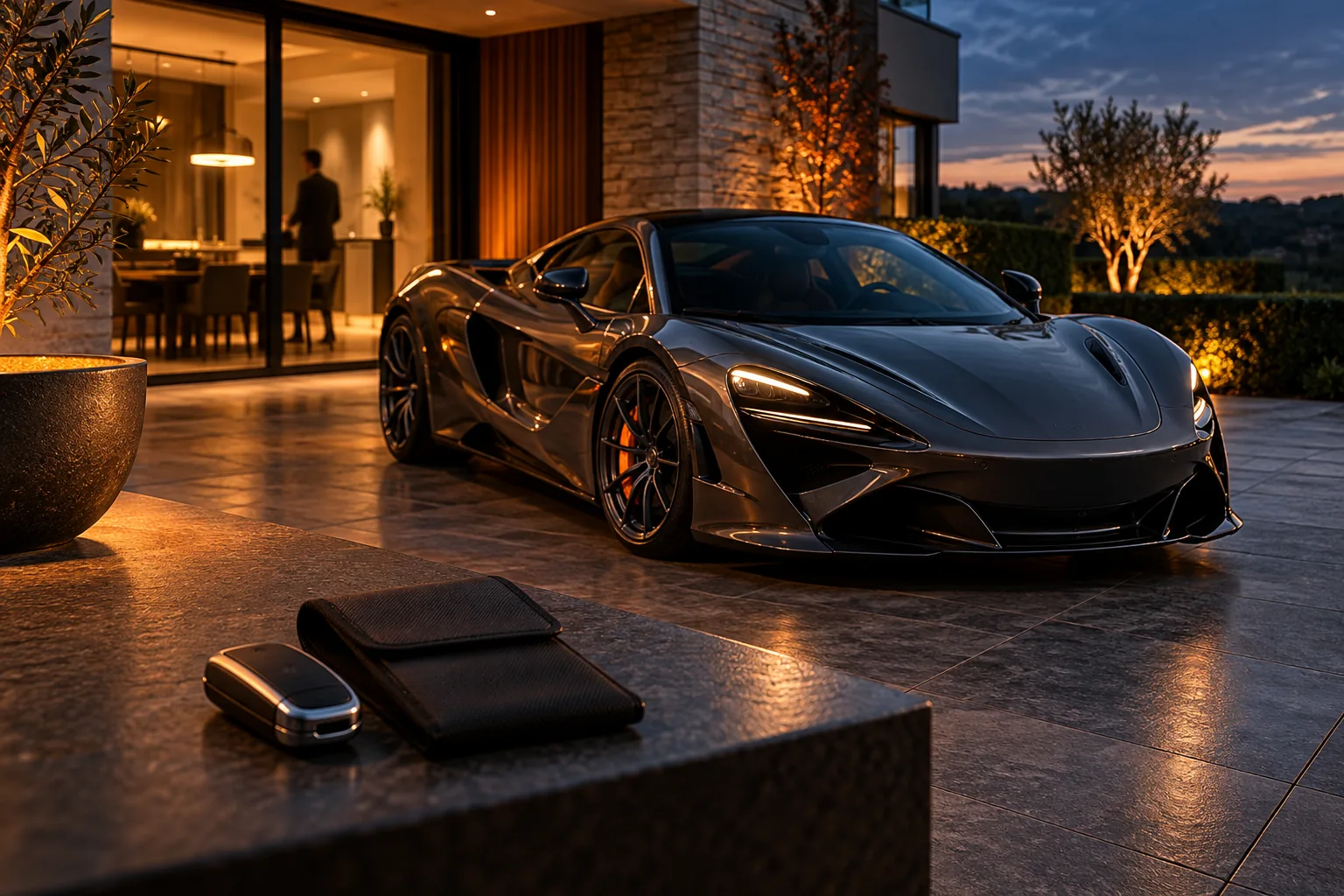 Editorial illustration of a charcoal supercar outside a contemporary home with a key and signal-blocking pouch in the foreground